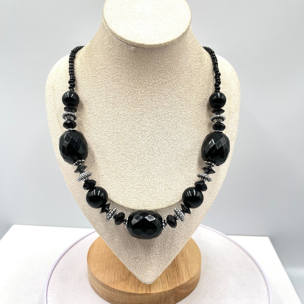 Vintage Black Faceted Acrylic Bead Statement Necklace Silver Tone Accents Bold