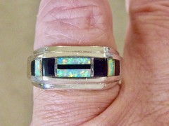 VINTAGE STERLING SILBER ONYX OPAL BAND RING SIZE 8.5 MAN MADE OPAL RING