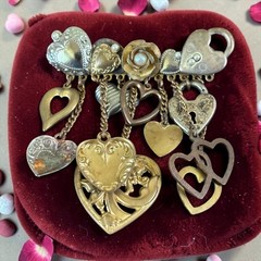 Vintage Sweetheart Charm Dangle Brooch Mixed Metal Hearts Romantic Assemblage