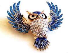 RHINESTONE OWL BROOCH! Enameled Wise Bird Pendant/Pin. Deep Blue Crystals.