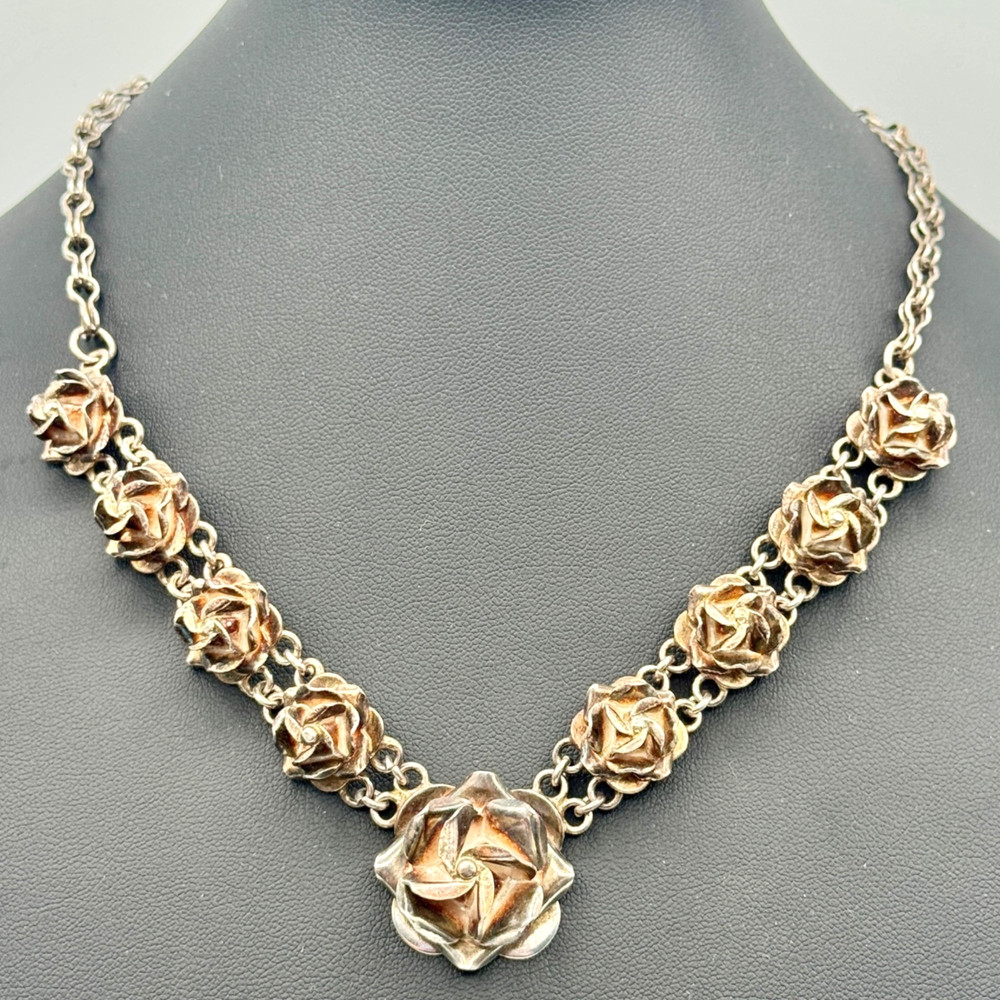 Vintage Taxco Silver Floral Rose Necklace Design 17 Inches Elegant Statement 50g