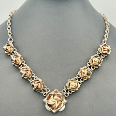Vintage Taxco Silver Floral Rose Necklace Design 17 Inches Elegant Statement 50g