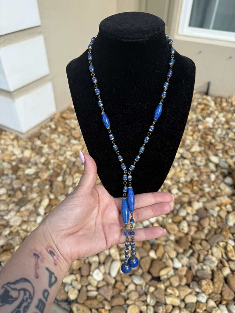 Antique Art Deco Czech Blue Mottled Glass Sautoir Necklace Flapper Lariat c1920s