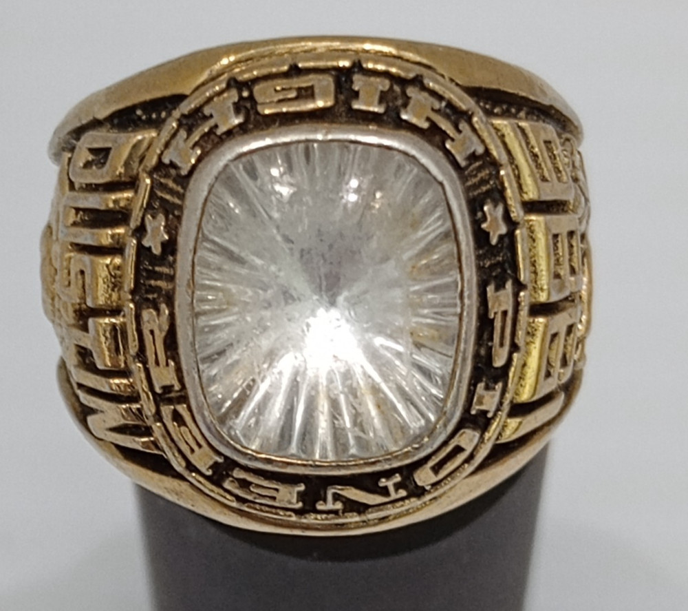 1996 Dustin Pioneer High School Class Ring Gold Tone SZ 8.5 Y2K Era Karate ACCR