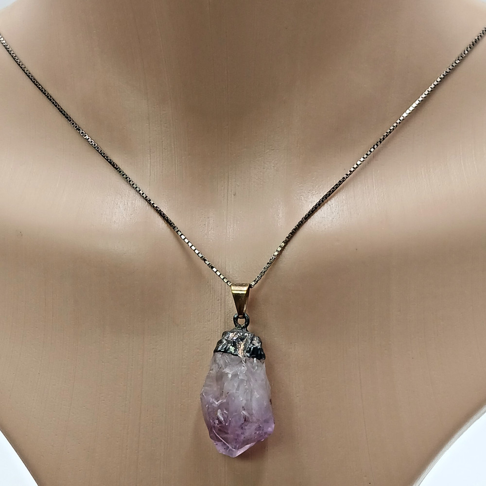 VTG 925 Raw Amethyst Stone Necklace 30in Sterling Silver 13gtw Box Chain Natural