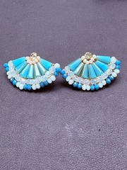 Vintage Aqua Blue Beaded Rhinestone Fan Earrings