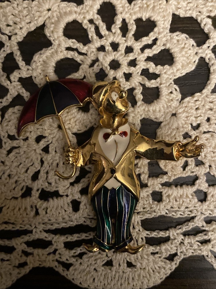 Vintage Green Blue Red White Enamel Gold Tone CLOWN With UMBRELLA Brooch Pin