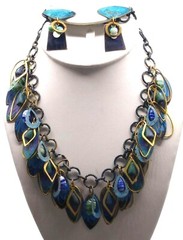 Vintage Colorful Painted Brass Dangles Necklace and Earrings Set, Retro Bib