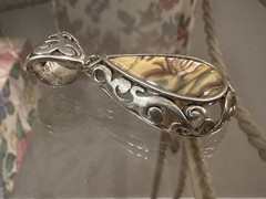 Vintage Scroll Design Silver Tone Faux Abalone Teardrop Pendant 1 3/4”