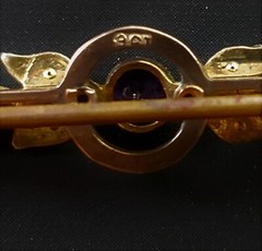 1800s Antique Old Cut Amethyst Pearls 9k Yellow Gold Brooch w Chain English Pin