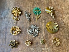 Vintage Flower Brooch Lot #4, 11 Pieces, Enamel Rhinestone Cloisonne Wear/Resell