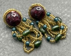 VTG 70s – 80s Beaded Boho Dangle Pierced Earrings Chandelier Purple Gold Green