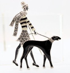 Pet Friends Rhinestone Enamel Brooch Silver Tone Woman Walking Dog Art Deco FREE