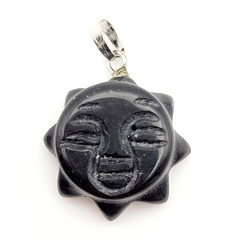 Obsidian Sun Face Black Carved Stone Silver Tone Bail Pendant Charm No Chain