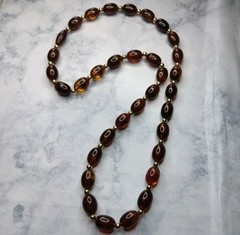 Vtg Mid-Century Faux Amber Lucite Necklace Statement Rootbeer Barrel 24″ 30g