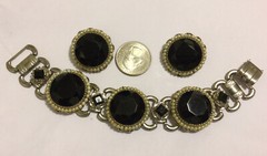 VINTAGE SELRO SELINI Black Glass ,Faux pearl Set: Bracelet 7.5 in & Earrings