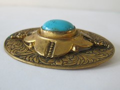 Vintage Victorian Faux Blue Turquoise Glass Cabochon Brass Filigree Pin Brooch