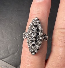 VTG 1000 Fine Silver Marquise Statement Ring Black Stones SZ 7.5