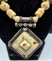 Vintage Tibetan-Style Hand-Carved Bone & Tribal Silver Pendant 21″
