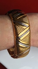Vtg Oroton High Polish Shiny Gold Silver Tone Wide Bangle Fits 7″ Bracelet Dent