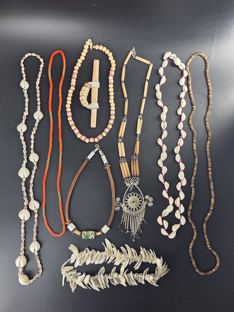 Vintage BOHO Jewelry & Hair Accessory, Lot Of 9 Wood Metal Shells Beads Leather