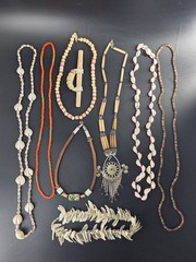 Vintage BOHO Jewelry & Hair Accessory, Lot Of 9 Wood Metal Shells Beads Leather