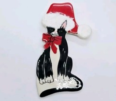 Christmas CAT Brooch Kitty Cat Pin Ceramic Large Holiday Jewelry 3.5 in