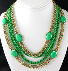 Multi Chain Necklace Gold & Green Enamel Oval Accents Designer Quality