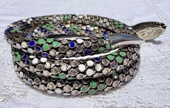 Antique German Art Deco Colorful Enamel SNAKE 935 Silver Wrap Bracelet