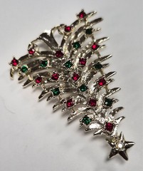 Vintage Signed TANCER II Red & Green Rhinestone Christmas Tree Pin / Brooch