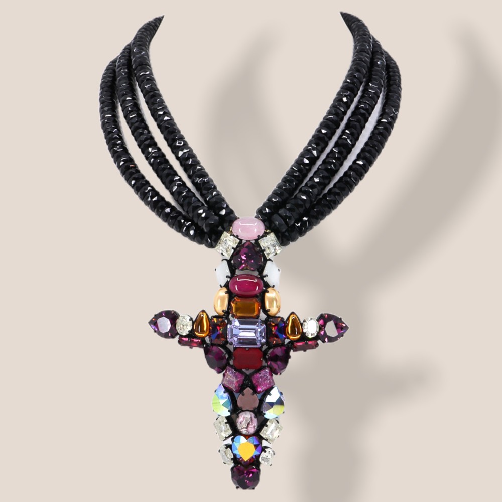 Hanna Bernhard, Haute Couture, Decorative Cross Necklace in Purple/Black