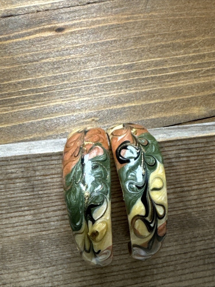 Vintage Multi-Color Enamel & Gold Tone Swirl Semi-Hoop Pierced Earrings