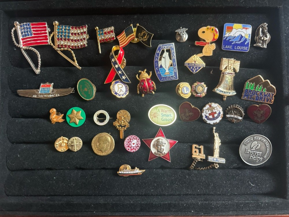 Mixed Lot of 30+ Push Back Lapel Pins Mixed Pins Vintage Flag Mother Of Pearl