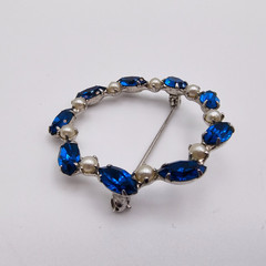 Vintage B. David Wreath Brooch Silver Tone Faux Pearl Blue Rhinestone Signed MCM