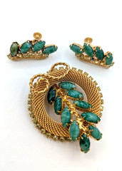 Vintage HOBE Brooch Earrings Set Green Art Glass Gold Mesh Rhinestone