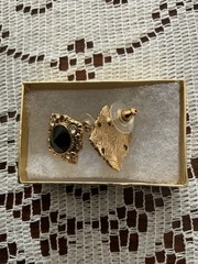 1928 Vintage Black Gold Tone & Rhinestone Pierced Post Earrings