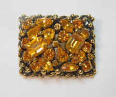 VINTAGE BARCLAY JEWELS OF INDIA GOLDEN AMBER RHINESTONES BROOCH & EARRINGS