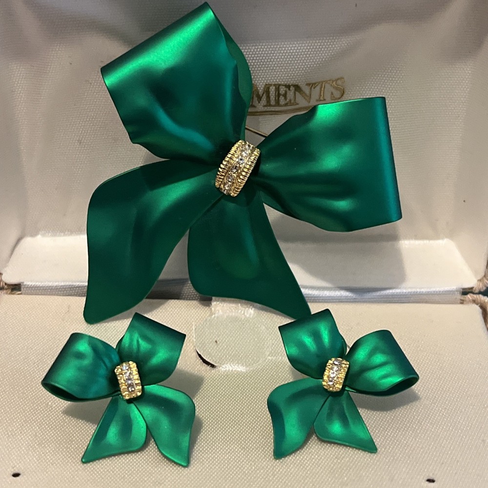 Vtg Tona Bow Ribbon swarvorski Crystal Satin Metal Brooch Earring Set Signed