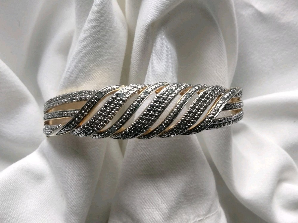 Glamorous Signed BR KRN Faux Marcasite & Goldtone Clamper Bracelet 7″