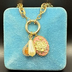 Peachy Pink & Pearly Vintage Charm Trio, Vintage Gold Plated Chain Necklace,OOAK