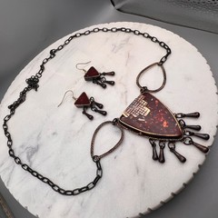 Copper Tone Statement Necklace Red Glass Cabochon Fringe Earrings Set Boho