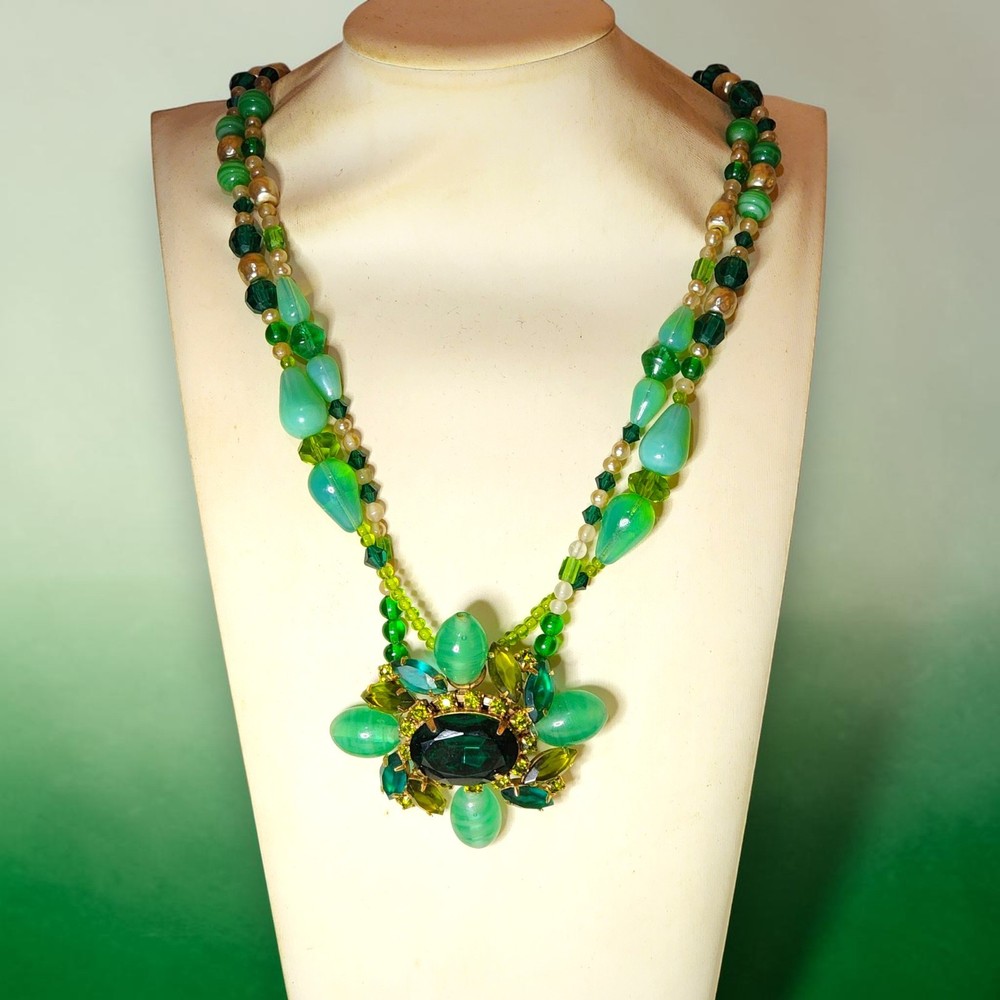 Vintage OOAK Green Cat’s Eye Glass Beaded Necklace Rhinestone Brooch Statement