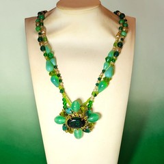 Vintage OOAK Green Cat’s Eye Glass Beaded Necklace Rhinestone Brooch Statement