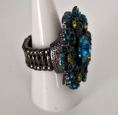 Vintage Blue Green Rhinestone Cluster Cocktail Ring Stretch Band Chic Maximalist