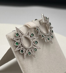 Vtg Sterling Star Point Statement Earrings, Emerald Green & Clear CZ Settings