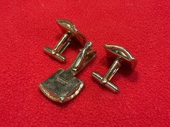 Vintage Cufflinks & Tie Bar – Gold Tone Mother of Pearl Like w/Rhinestone Center