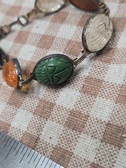 Vintage Egyptian Revival Multi-Stone Scarab Bracelet Carved Glass Quartz Mid…