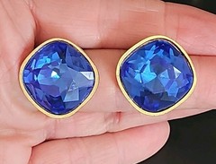 Vintage Mary Frost Crystal Royal Blue Gold Clip Earrings Statement Runway