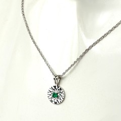 14K Solid White Gold Natural Emerald Circle Reflection Pendant Necklace