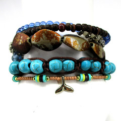 Boho Stackable Adjustable Bracelet Set Whale Tail Charm Faux Turquoise Beach